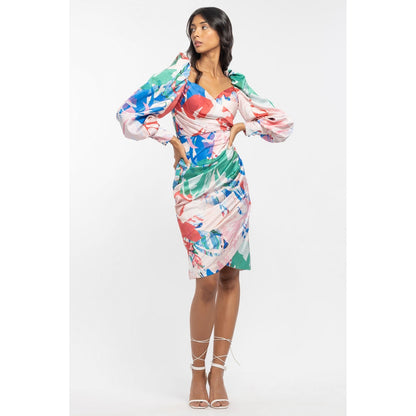MANDIRA WIRK Satin Printed Draped Dress Multi-Color