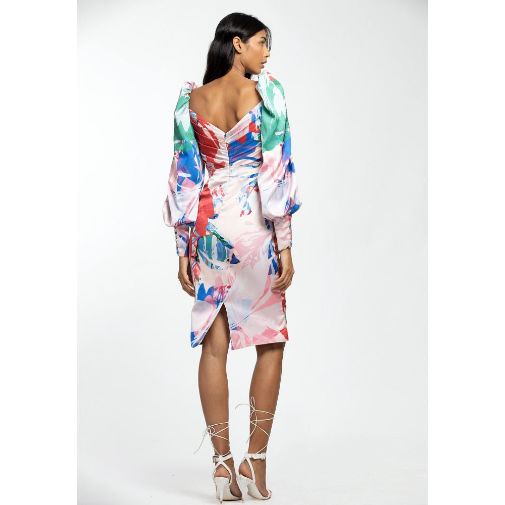 MANDIRA WIRK Satin Printed Draped Dress Multi-Color