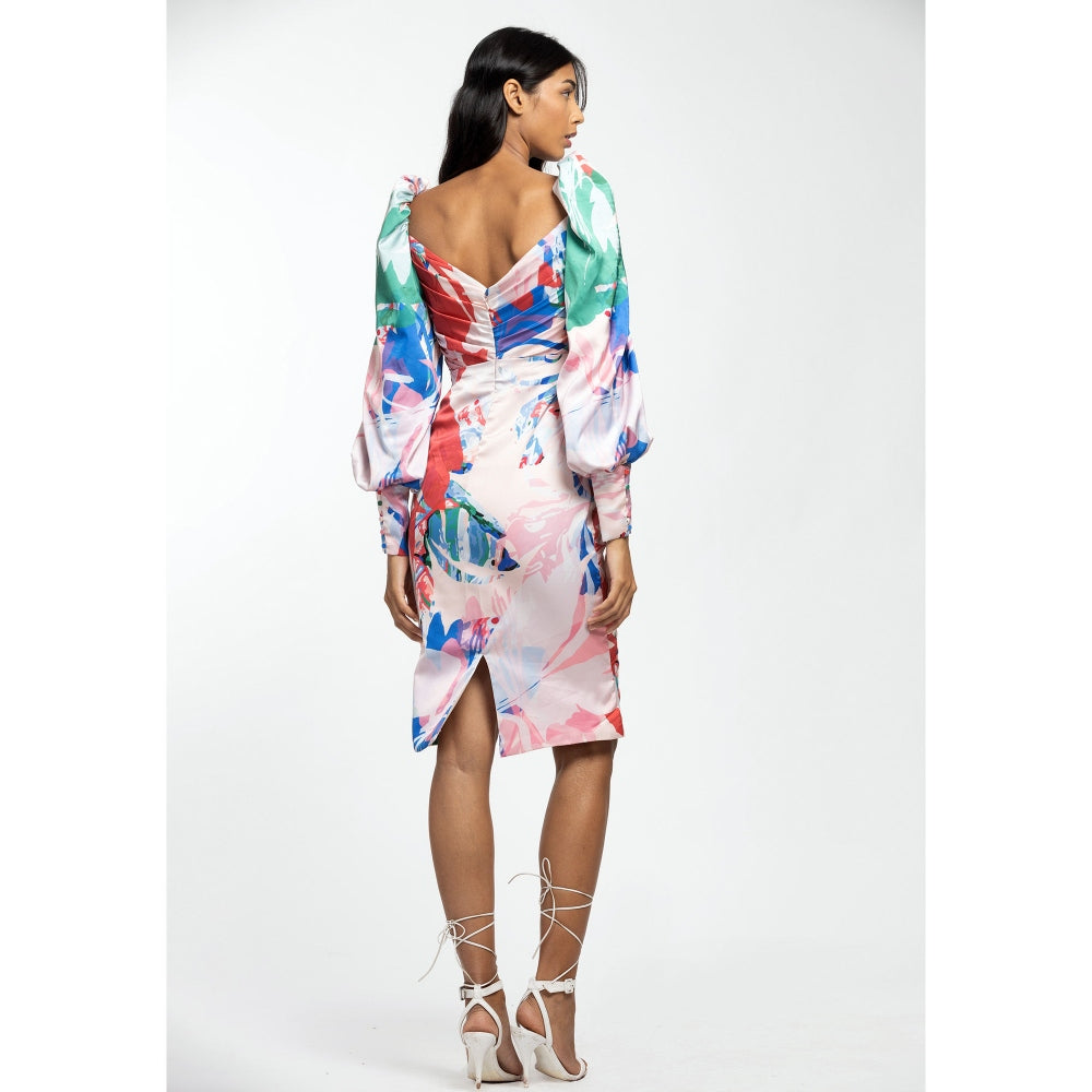 MANDIRA WIRK Satin Printed Draped Dress Multi-Color