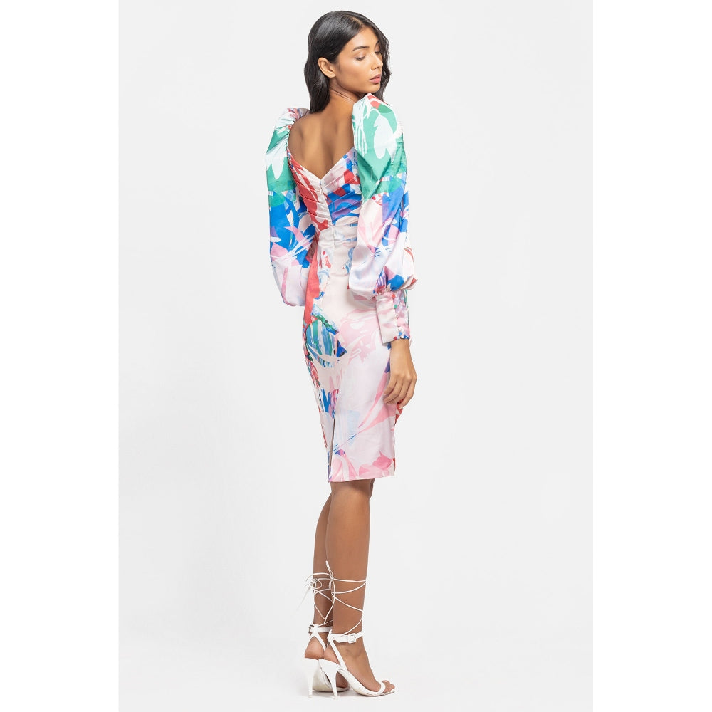MANDIRA WIRK Satin Printed Draped Dress Multi-Color