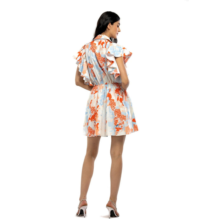 MANDIRA WIRK Cotton Poplin Printed Short Dress Ivory & Orange
