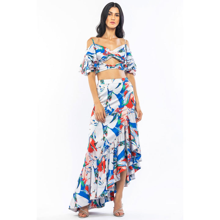 MANDIRA WIRK Satin Printed Flaired Sleeve Crop Top with High Low Skirt Ivory & Blue (Set of 2)