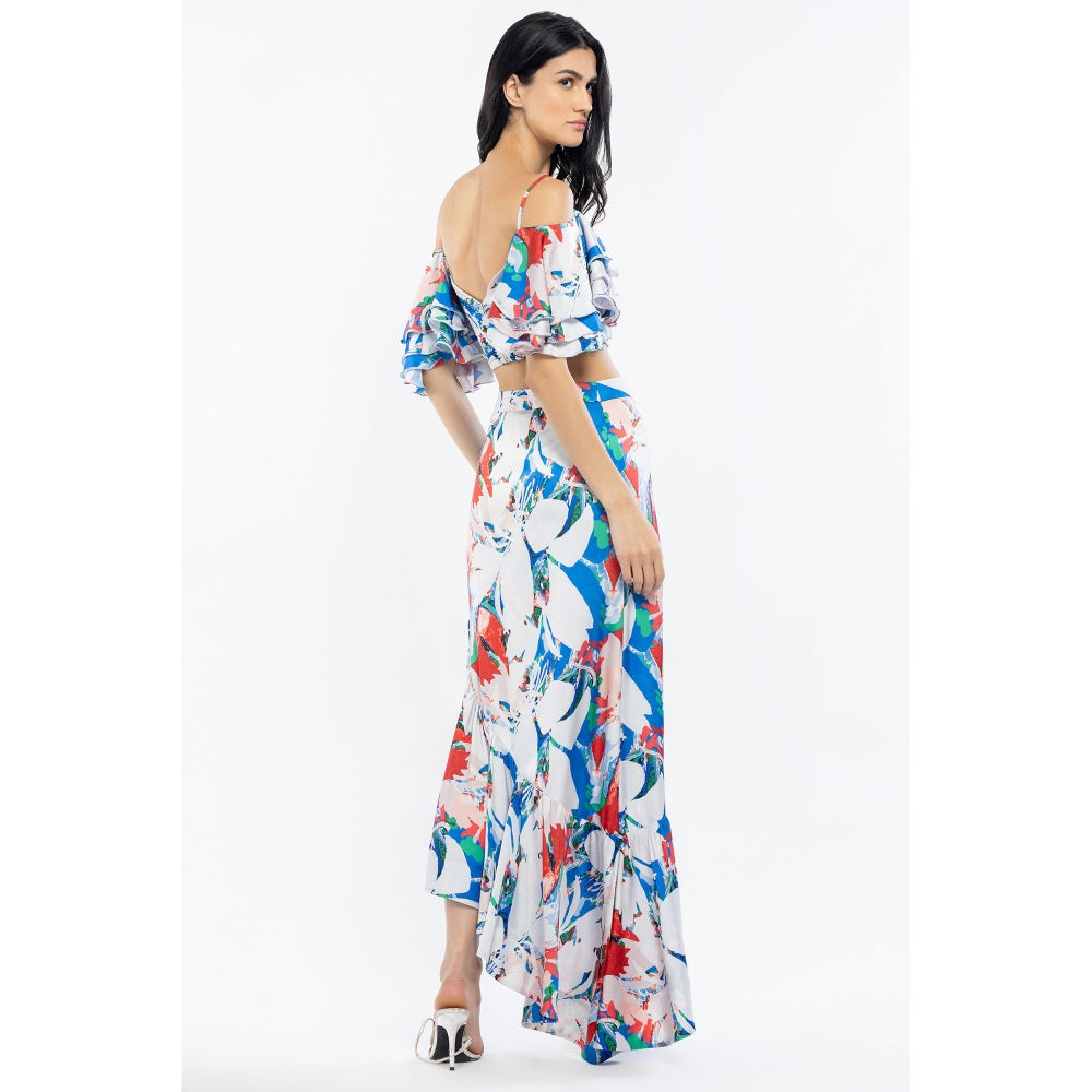 MANDIRA WIRK Satin Printed Flaired Sleeve Crop Top with High Low Skirt Ivory & Blue (Set of 2)