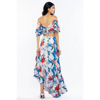 MANDIRA WIRK Satin Printed Flaired Sleeve Crop Top with High Low Skirt Ivory & Blue (Set of 2)