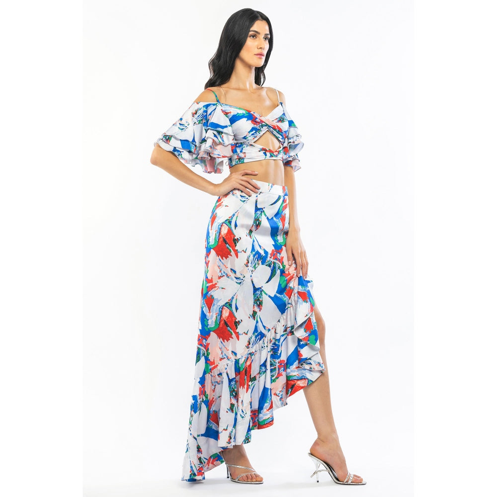 MANDIRA WIRK Satin Printed Flaired Sleeve Crop Top with High Low Skirt Ivory & Blue (Set of 2)