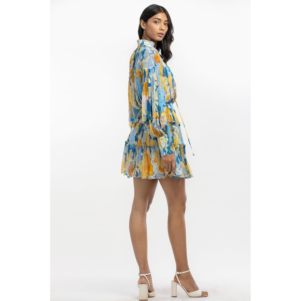 MANDIRA WIRK Chiffon Printed Gathered Top with Tiered Skirt Yellow & Blue (Set of 2)