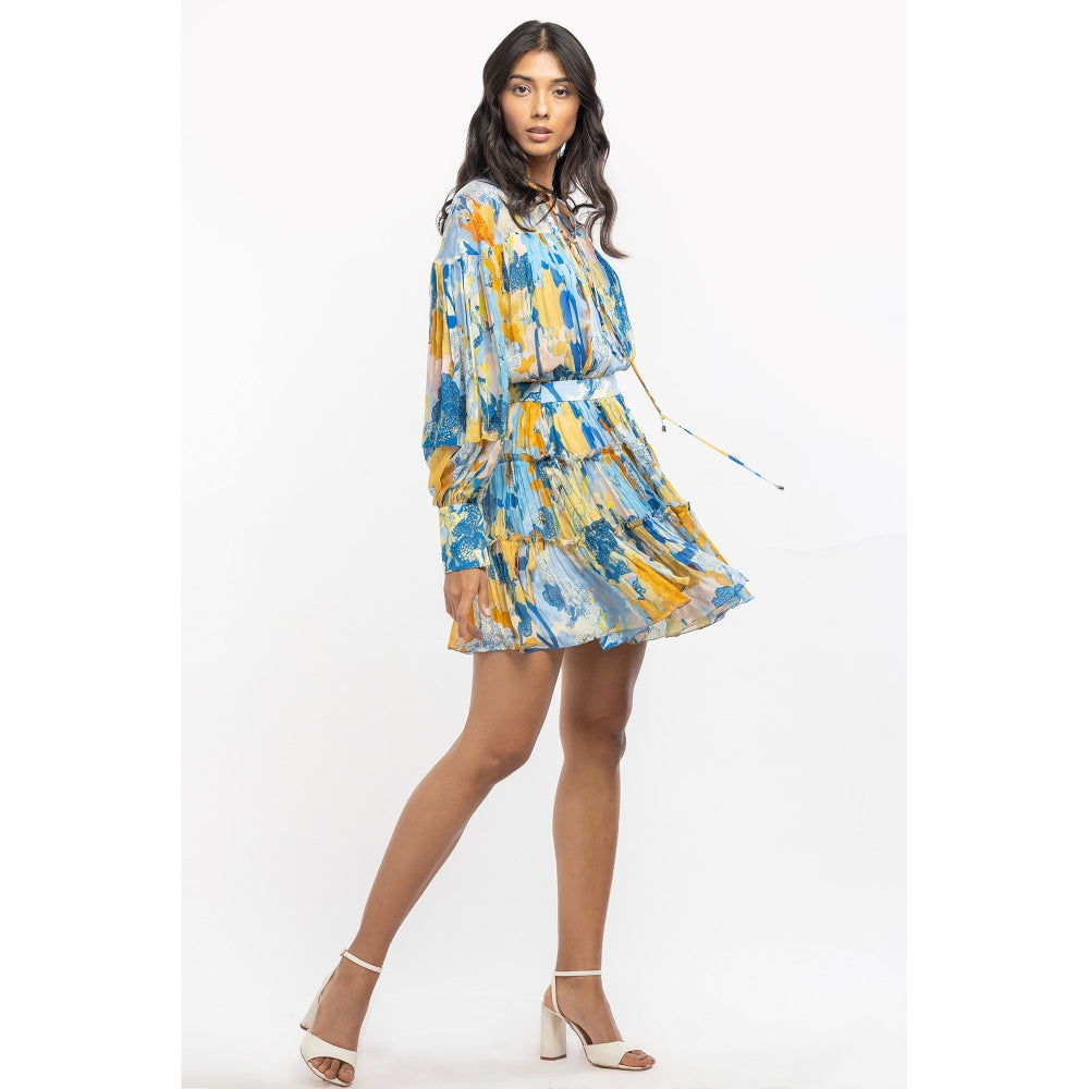 MANDIRA WIRK Chiffon Printed Gathered Top with Tiered Skirt Yellow & Blue (Set of 2)