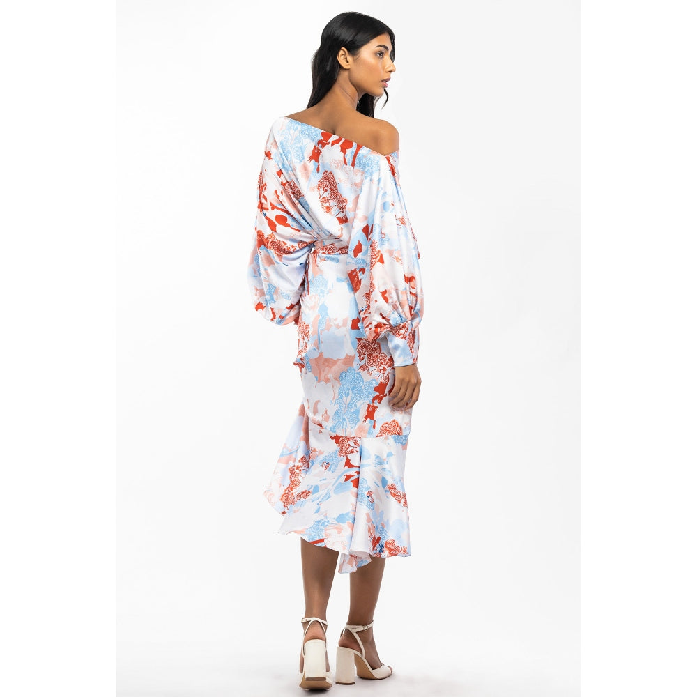 MANDIRA WIRK Satin Printed Off Shoulder Top with Wrap Skirt Ivory & orange (Set of 2)