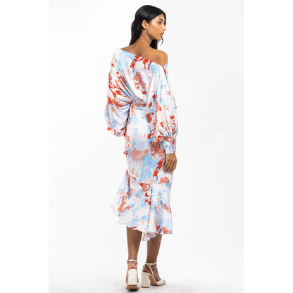 MANDIRA WIRK Satin Printed Off Shoulder Top with Wrap Skirt Ivory & orange (Set of 2)