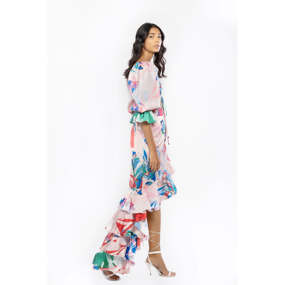 MANDIRA WIRK Satin Printed Rooshed Crop Top with High Low Skirt Beige & Red (Set of 2)