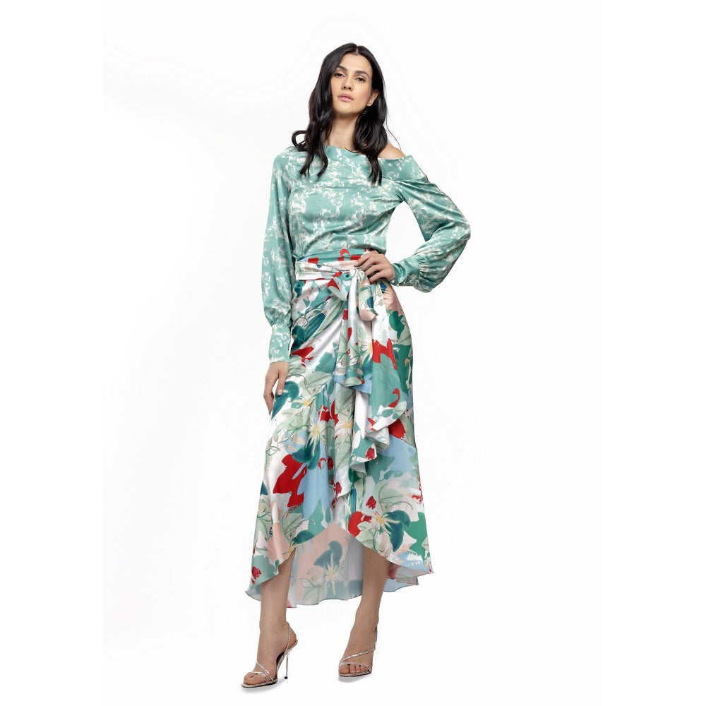 MANDIRA WIRK Satin Printed Off Shoulder Top with Wrap Skirt Green (Set of 2)