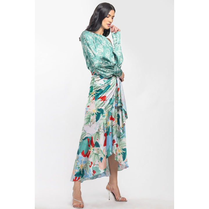 MANDIRA WIRK Satin Printed Off Shoulder Top with Wrap Skirt Green (Set of 2)