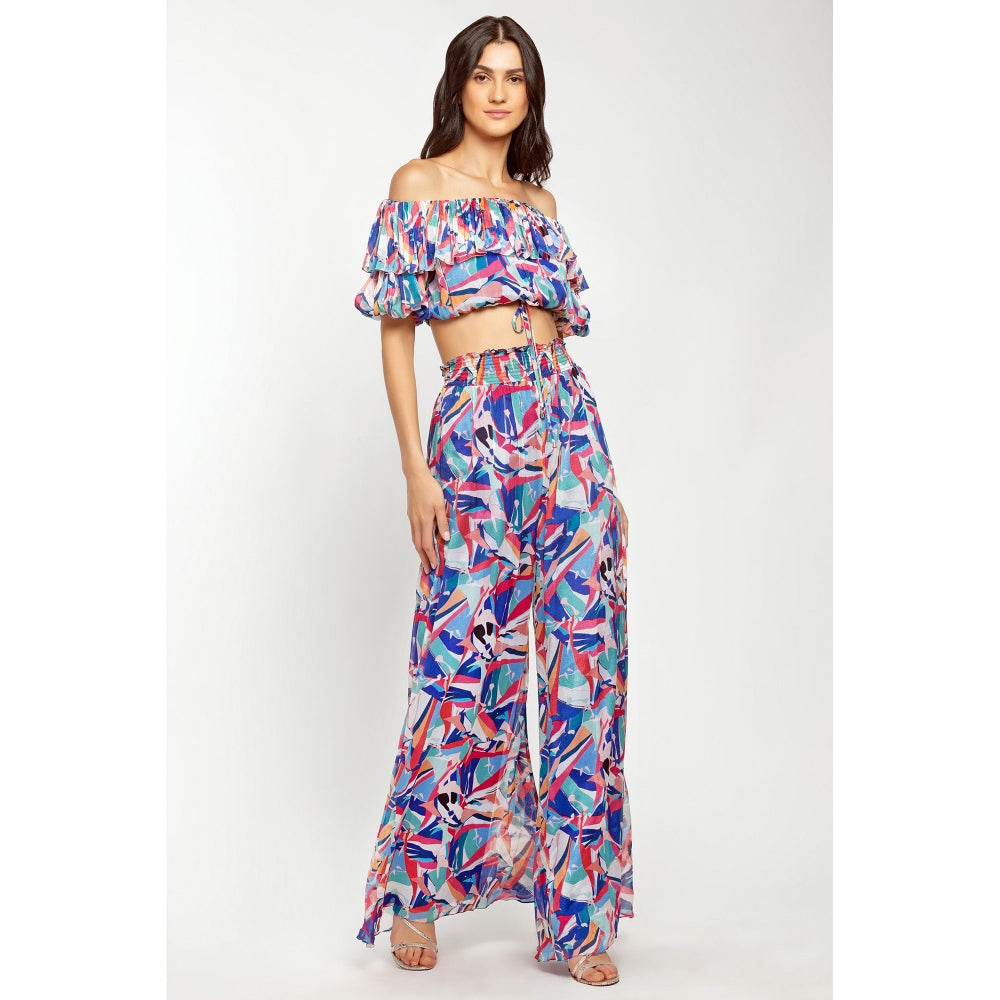 MANDIRA WIRK Chiffon Printed Off Shoulder Crop Top with Smocking Pants Blue (Set of 2)