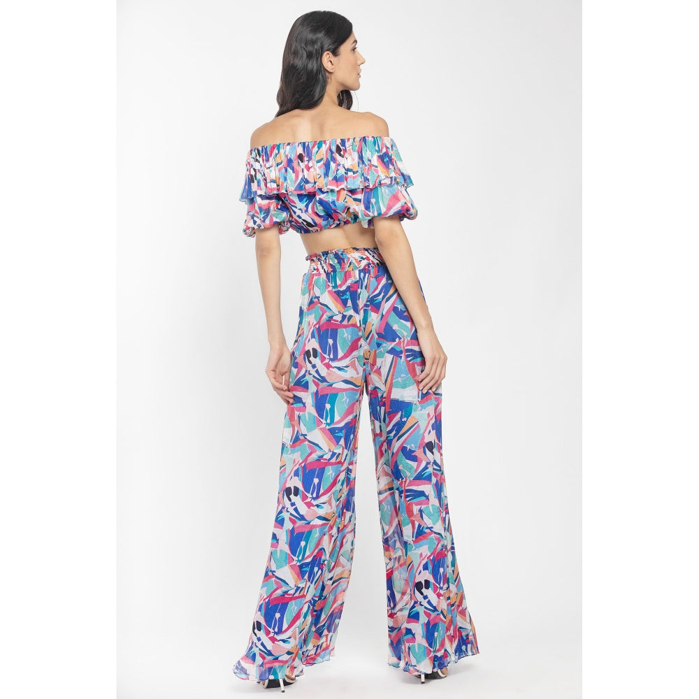 MANDIRA WIRK Chiffon Printed Off Shoulder Crop Top with Smocking Pants Blue (Set of 2)