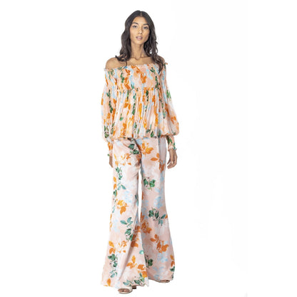 MANDIRA WIRK Chiffon Printed Smocking Detail Top with Satin Printed Pants Peach (Set of 2)