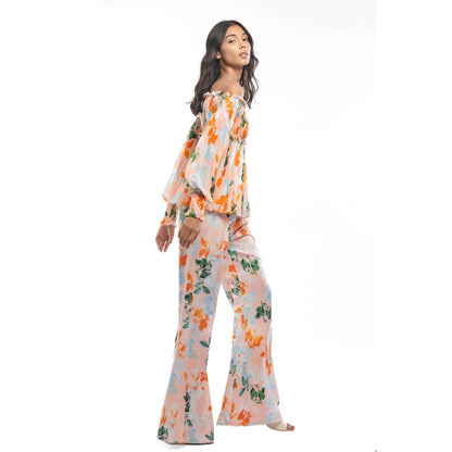 MANDIRA WIRK Chiffon Printed Smocking Detail Top with Satin Printed Pants Peach (Set of 2)