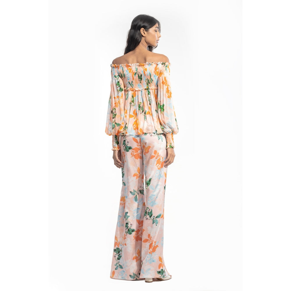 MANDIRA WIRK Chiffon Printed Smocking Detail Top with Satin Printed Pants Peach (Set of 2)