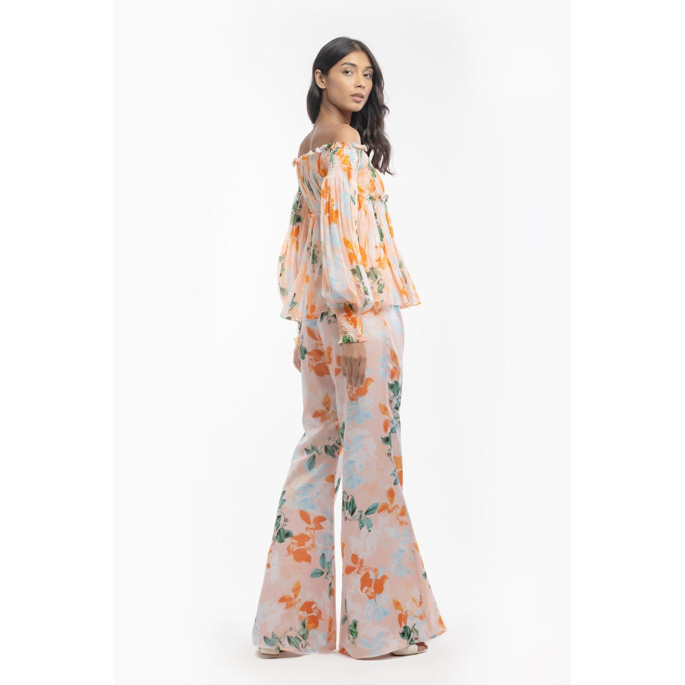 MANDIRA WIRK Chiffon Printed Smocking Detail Top with Satin Printed Pants Peach (Set of 2)