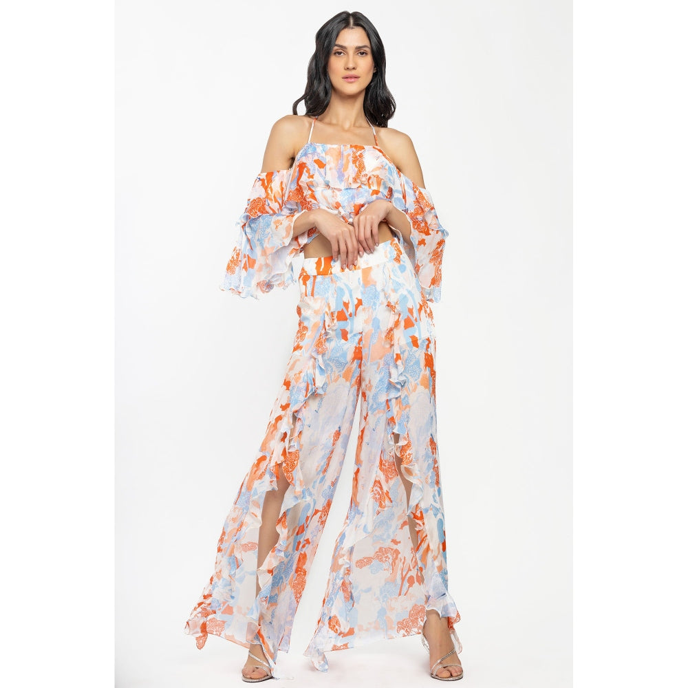 MANDIRA WIRK Chiffon Printed Crop Top with Printed Pants Ivory & Orange (Set of 2)