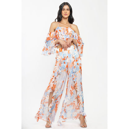 MANDIRA WIRK Chiffon Printed Crop Top with Printed Pants Ivory & Orange (Set of 2)