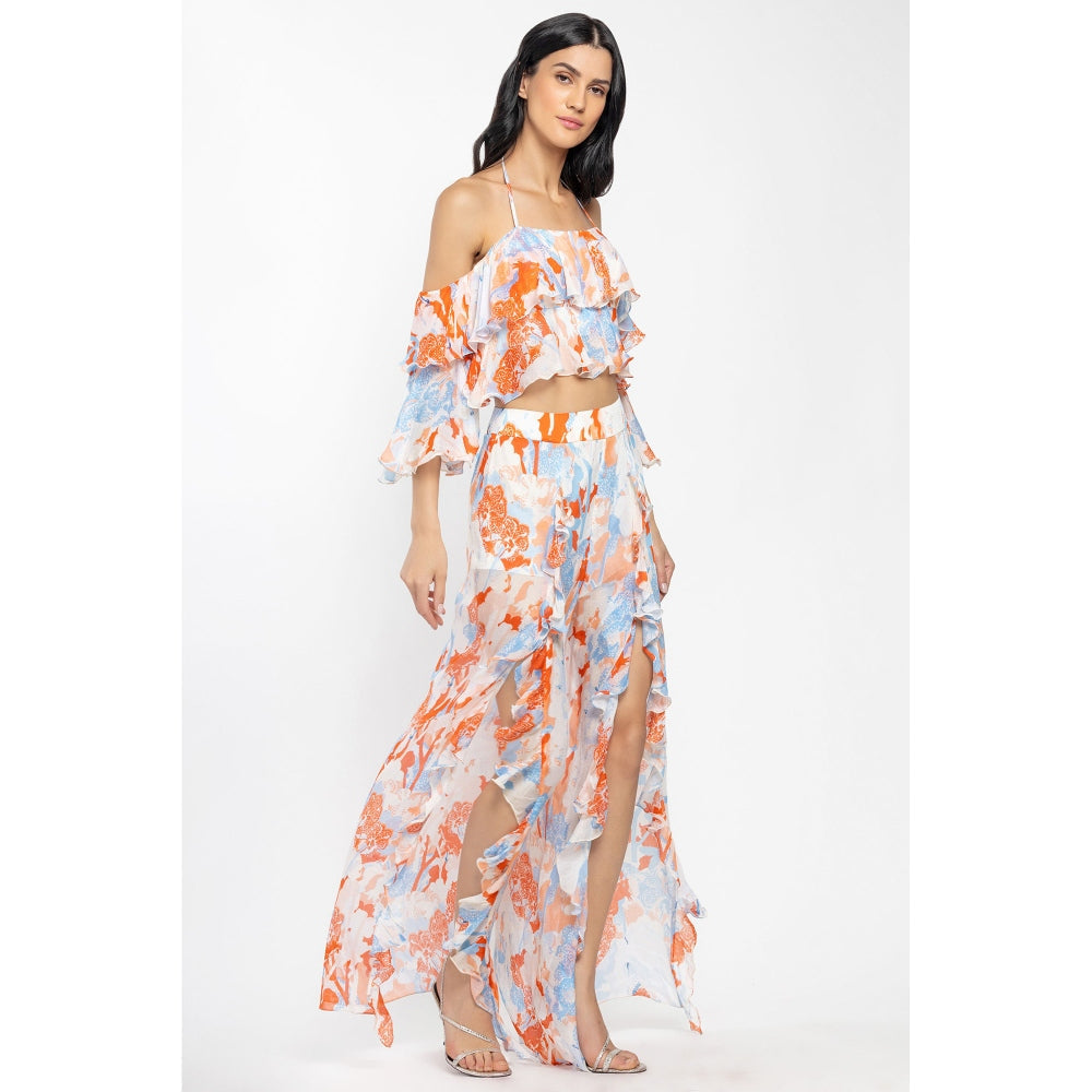 MANDIRA WIRK Chiffon Printed Crop Top with Printed Pants Ivory & Orange (Set of 2)