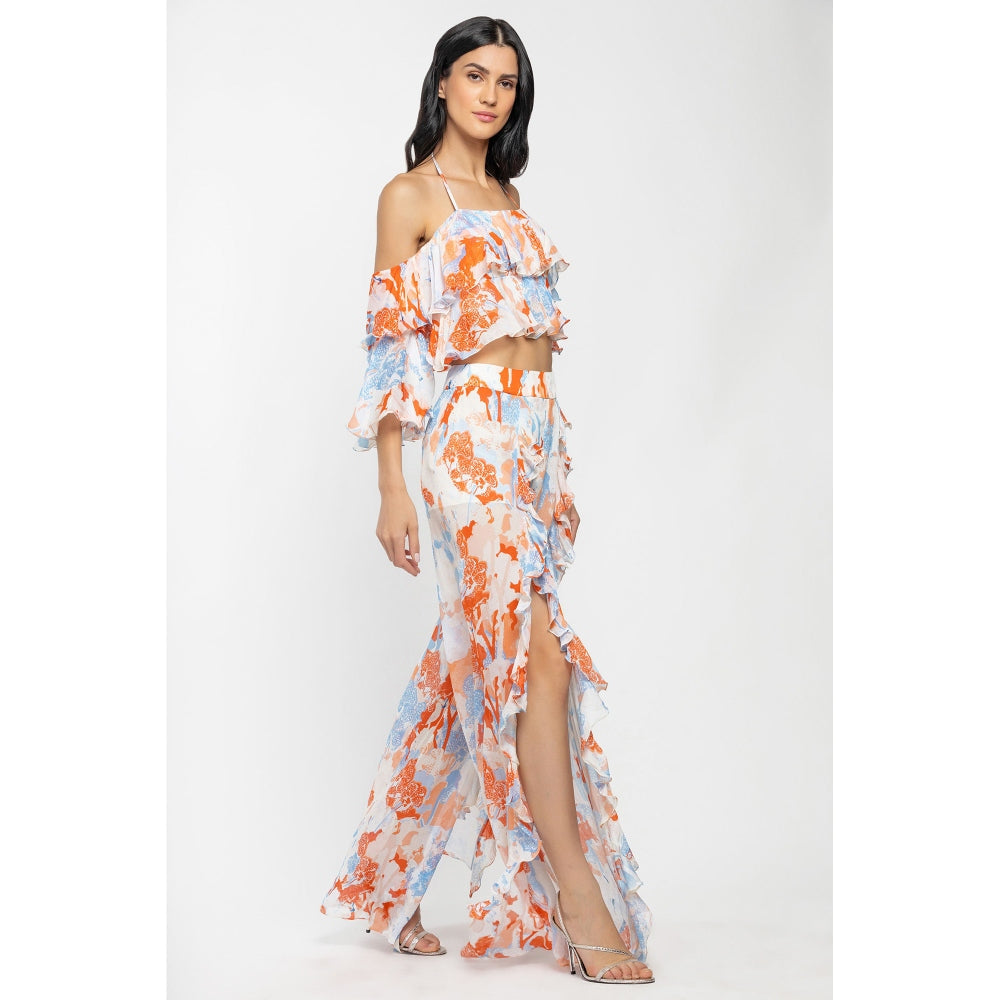 MANDIRA WIRK Chiffon Printed Crop Top with Printed Pants Ivory & Orange (Set of 2)