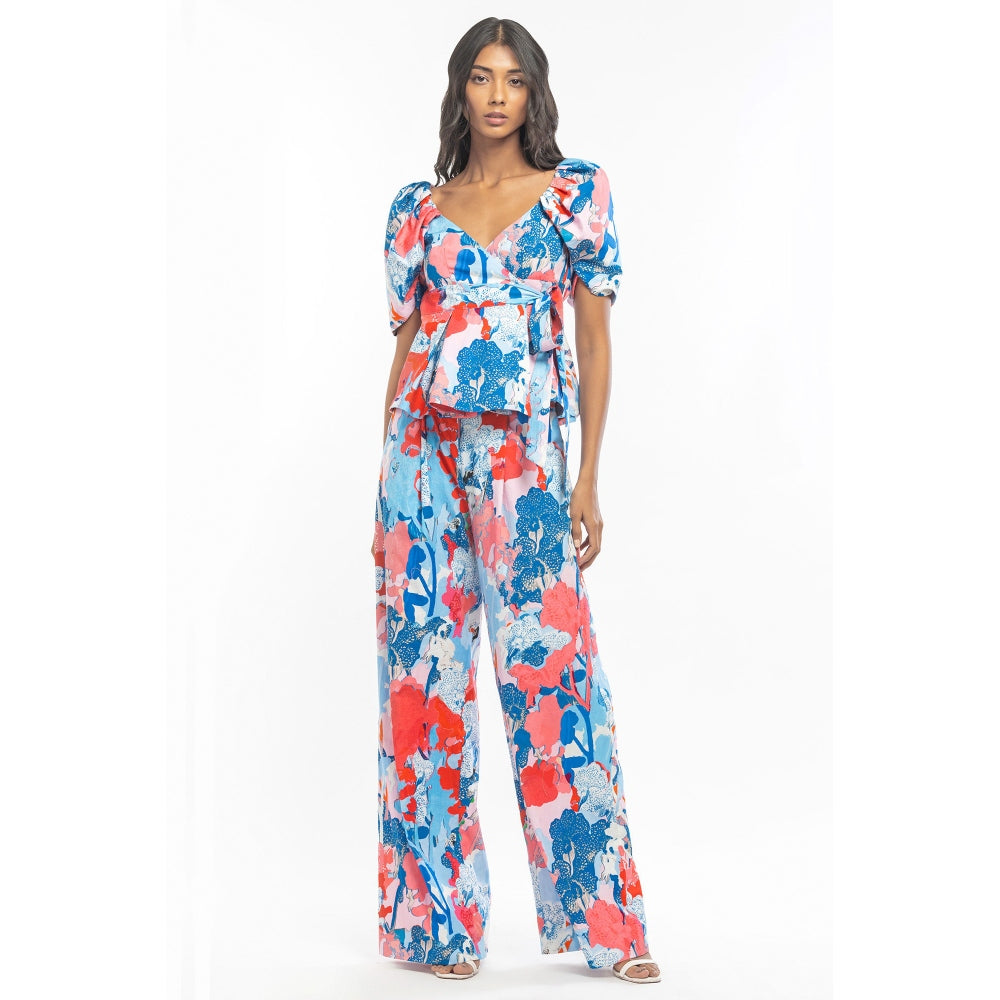 MANDIRA WIRK Cotton Poplin Printed Wrap Top with Printed Pants Blue & Pink (Set of 2)