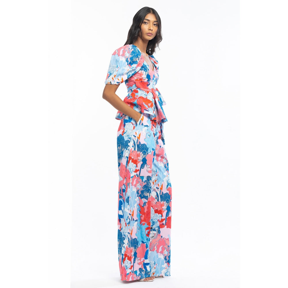 MANDIRA WIRK Cotton Poplin Printed Wrap Top with Printed Pants Blue & Pink (Set of 2)