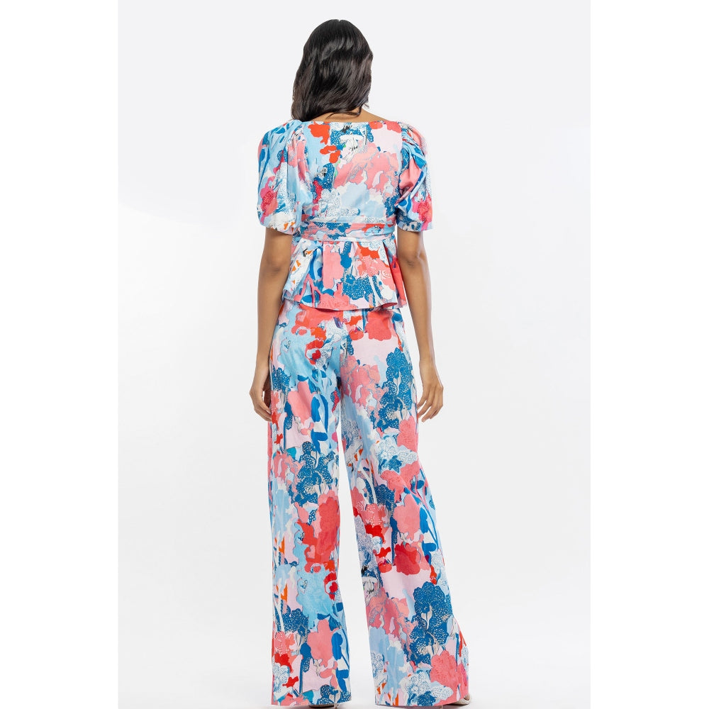 MANDIRA WIRK Cotton Poplin Printed Wrap Top with Printed Pants Blue & Pink (Set of 2)