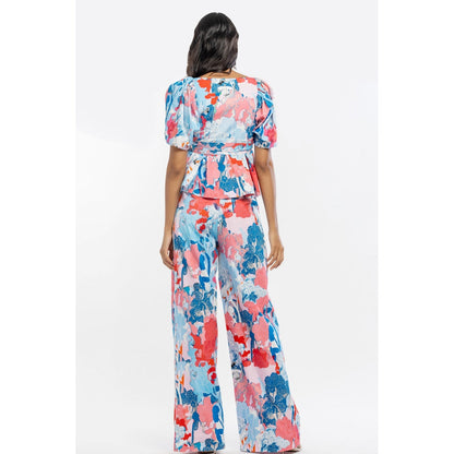 MANDIRA WIRK Cotton Poplin Printed Wrap Top with Printed Pants Blue & Pink (Set of 2)