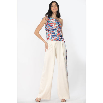 MANDIRA WIRK Satin Off Shoulder Rooshed Top with Dust Satin Pants Blue & Pink (Set of 2)