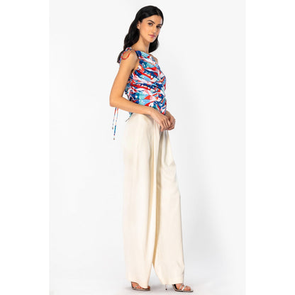 MANDIRA WIRK Satin Off Shoulder Rooshed Top with Dust Satin Pants Blue & Pink (Set of 2)