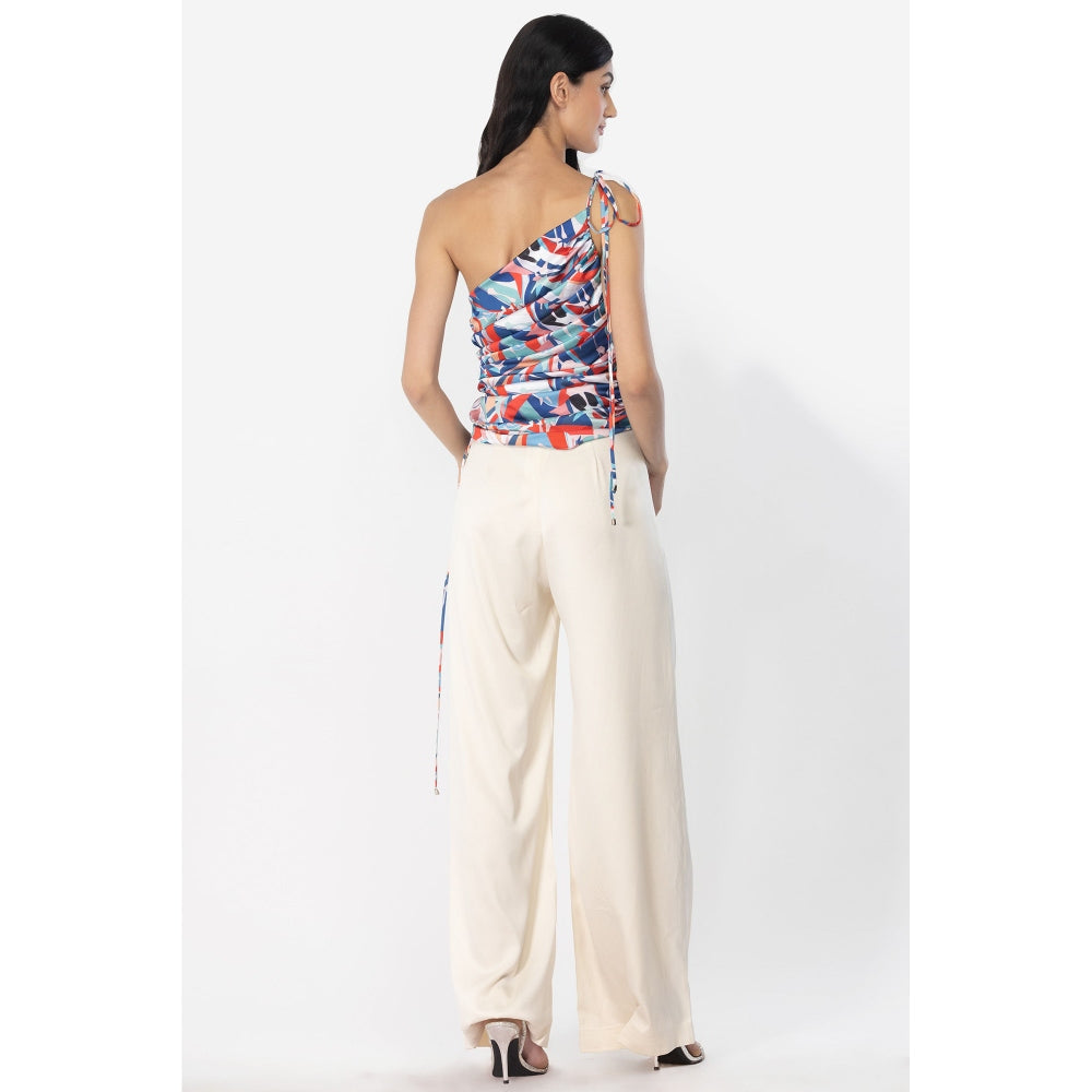 MANDIRA WIRK Satin Off Shoulder Rooshed Top with Dust Satin Pants Blue & Pink (Set of 2)