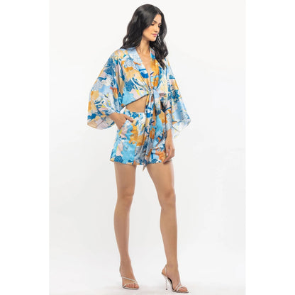 MANDIRA WIRK Satin Printed Kimono Tie Up Crop Top with Shorts Blue & Yellow (Set of 2)