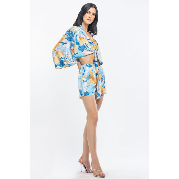 MANDIRA WIRK Satin Printed Kimono Tie Up Crop Top with Shorts Blue & Yellow (Set of 2)