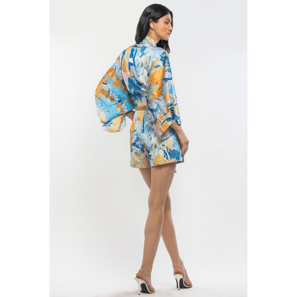 MANDIRA WIRK Satin Printed Kimono Tie Up Crop Top with Shorts Blue & Yellow (Set of 2)