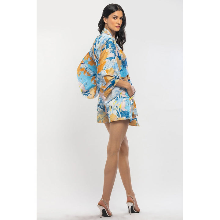 MANDIRA WIRK Satin Printed Kimono Tie Up Crop Top with Shorts Blue & Yellow (Set of 2)