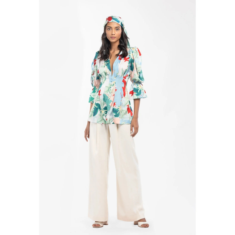 MANDIRA WIRK Satin Printed Pleted Top with Ivory Dust Satin Pleated Pants Green (Set of 2)