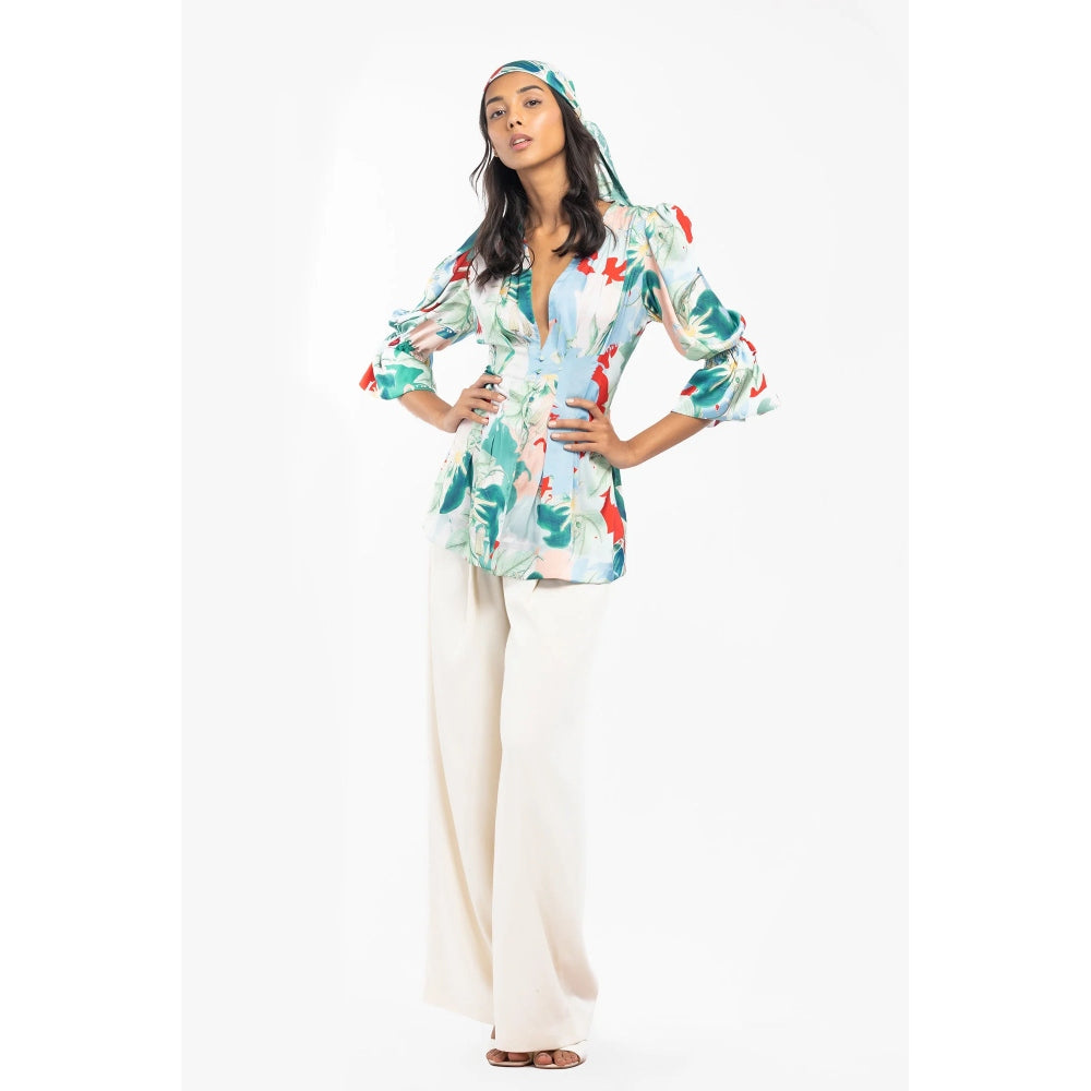 MANDIRA WIRK Satin Printed Pleted Top with Ivory Dust Satin Pleated Pants Green (Set of 2)