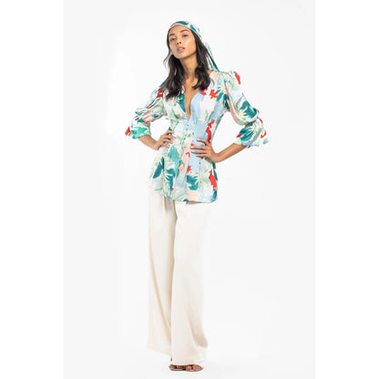 MANDIRA WIRK Satin Printed Pleted Top with Ivory Dust Satin Pleated Pants Green (Set of 2)