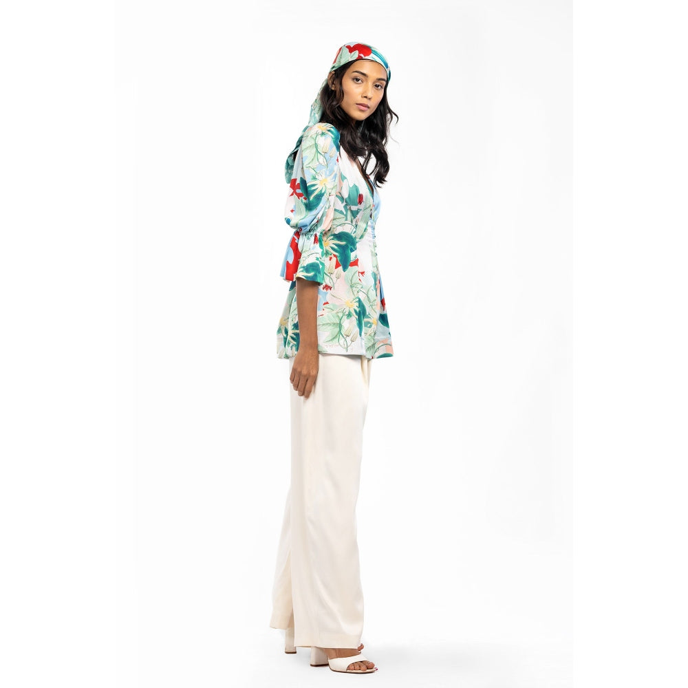 MANDIRA WIRK Satin Printed Pleted Top with Ivory Dust Satin Pleated Pants Green (Set of 2)