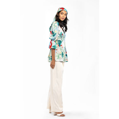 MANDIRA WIRK Satin Printed Pleted Top with Ivory Dust Satin Pleated Pants Green (Set of 2)