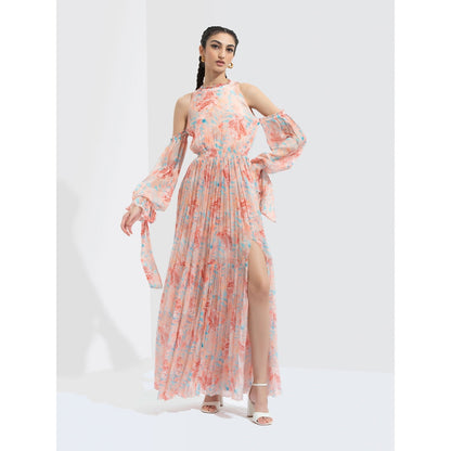 MANDIRA WIRK Rabenda Printed Long Dress with Side Slit Peach
