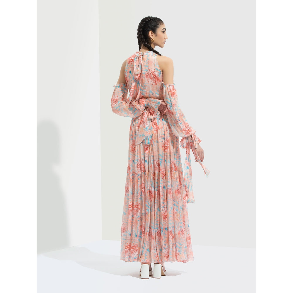 MANDIRA WIRK Rabenda Printed Long Dress with Side Slit Peach