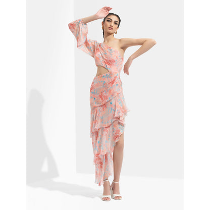 MANDIRA WIRK Rabenda Printed One Off Shoulder Dress Peach