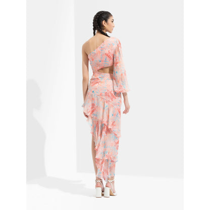 MANDIRA WIRK Rabenda Printed One Off Shoulder Dress Peach