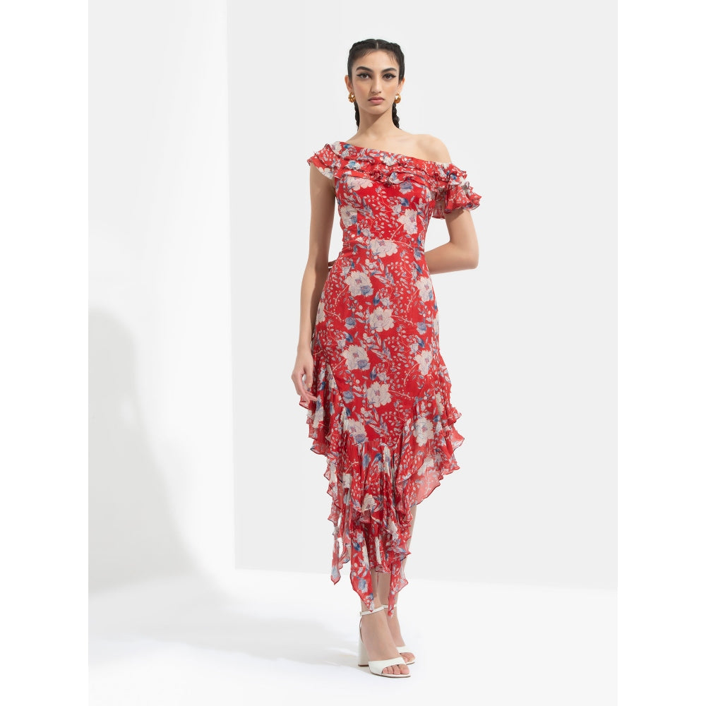 MANDIRA WIRK Ajisia Printed One Off Shoulder Dress Red