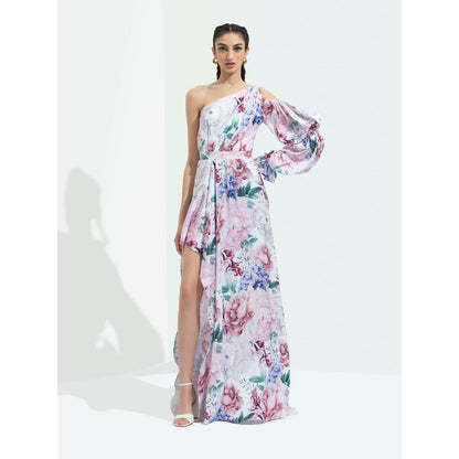 MANDIRA WIRK Iris Printed One Off Shoulder High Low Dress Multi-Color