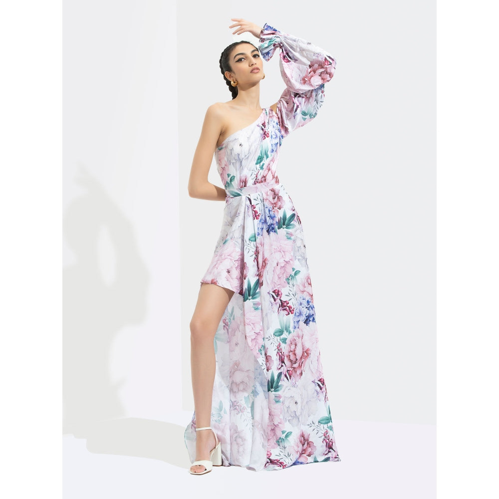 MANDIRA WIRK Iris Printed One Off Shoulder High Low Dress Multi-Color