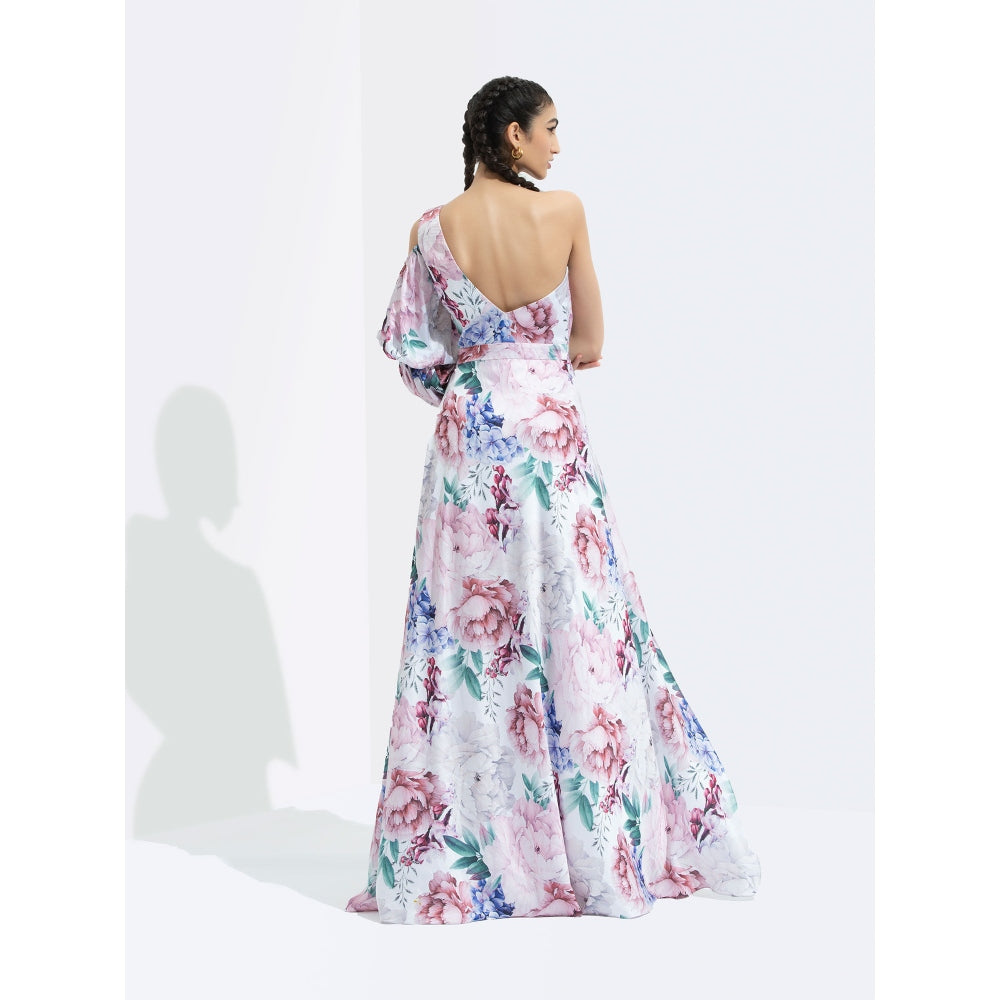 MANDIRA WIRK Iris Printed One Off Shoulder High Low Dress Multi-Color